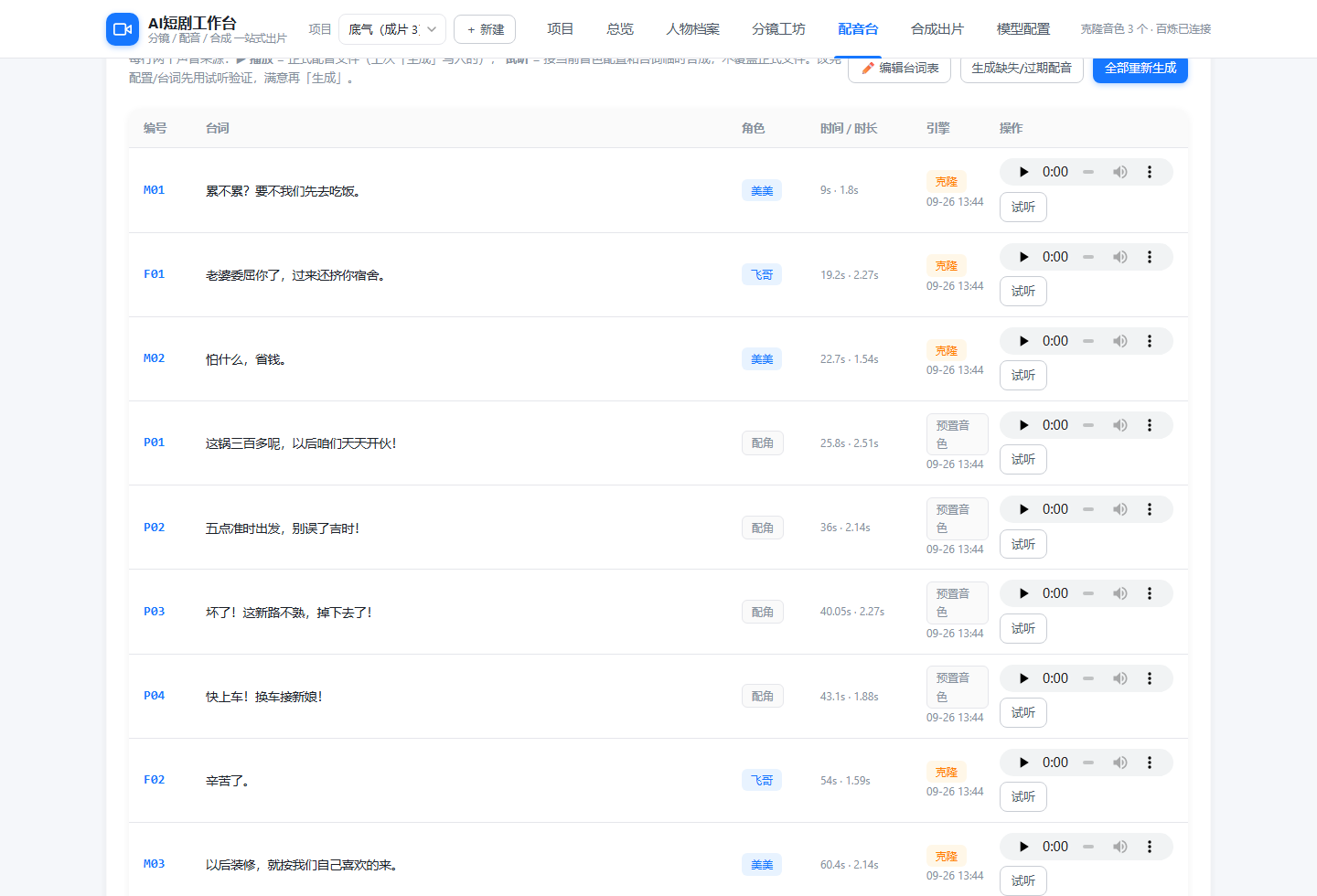 AI短剧工作台配音台：台词列表与试听